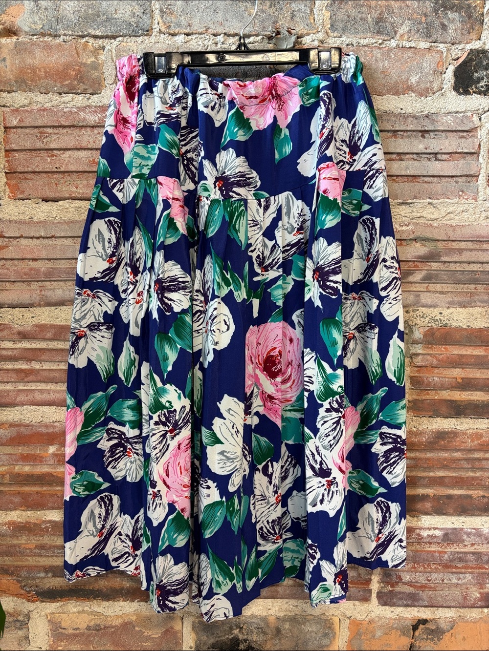 Vintage Navy Midi Skirt with Pink & White Floral Print